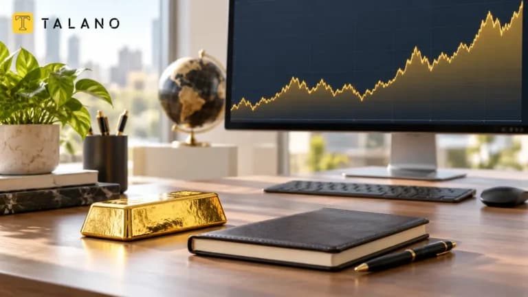 میز کار روشن با نمودار طلا و شمش برای تصویر شاخص مقاله