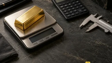 شمش طلا روی ترازوی دقیق برای محاسبه ارزش ذاتی