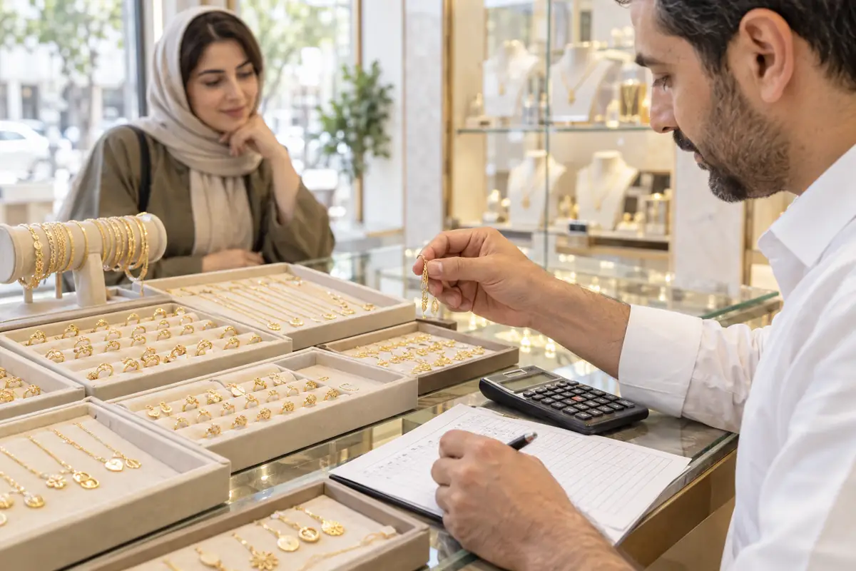 فروشنده و مشتری در حال بررسی ویترین طلا در فروشگاه روشن