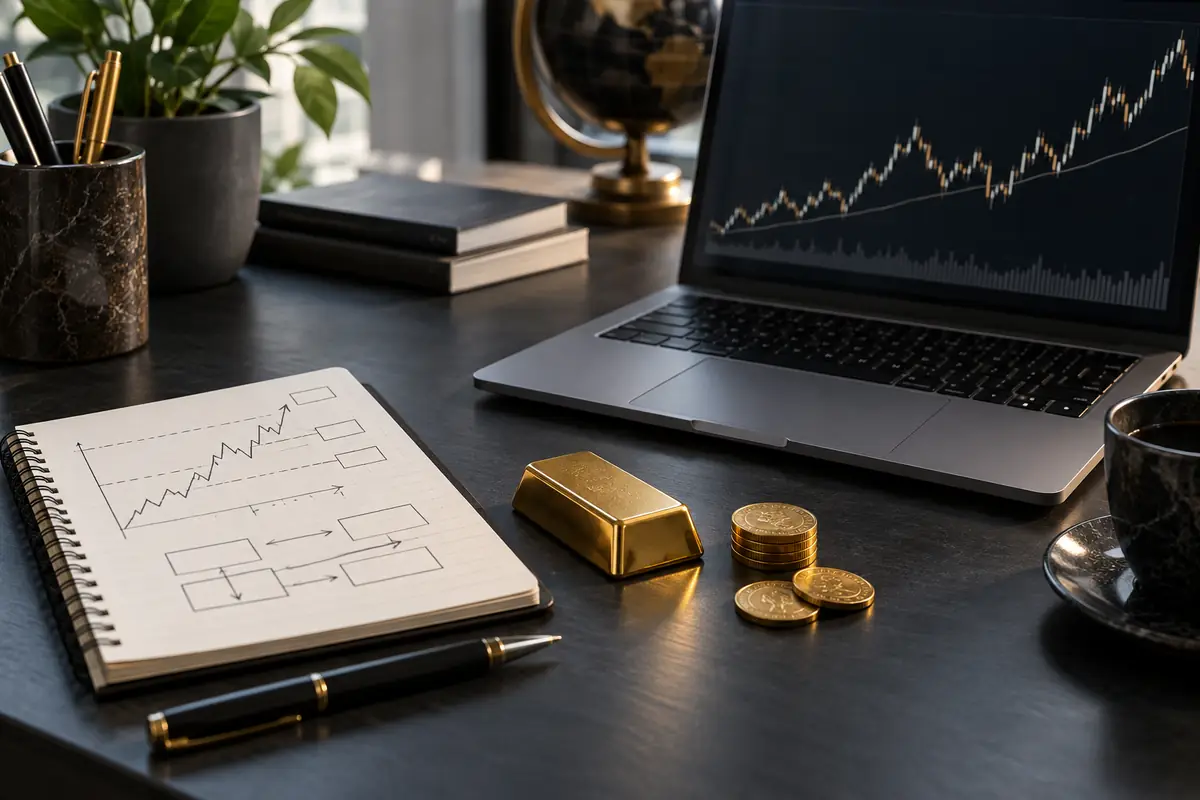 میز تحلیل ترید طلا با نمودار و برنامه مدیریت ریسک