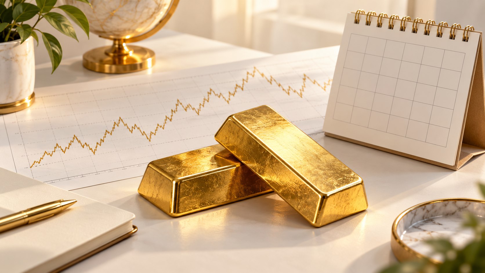 شمش‌های طلا کنار تقویم و نمودار تاریخی؛ تصویر مقاله تاریخچه حباب طلا