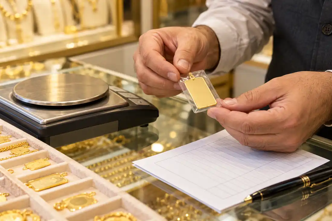 فروشنده پلاک طلای کوچک را کنار ترازوی زرگری و برگه فاکتور بررسی میکند
