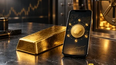 شمش طلا کنار تلفن همراه با رابط توکن طلای دیجیتال