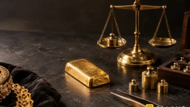 شمش کوچک طلا کنار ترازو و وزنه‌های سنتی