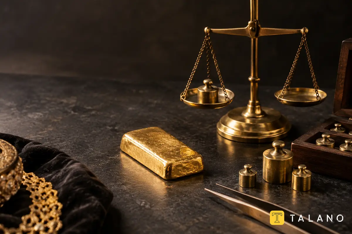 شمش کوچک طلا کنار ترازو و وزنههای سنتی